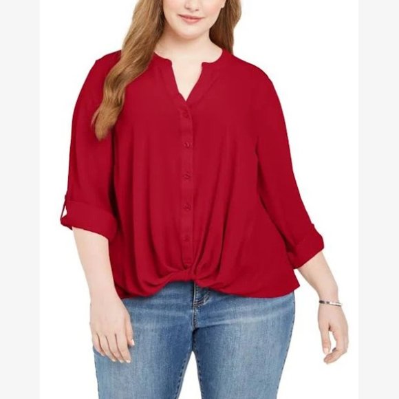 INC Real Red Twist-Front V-Neck Woven Front Shirt - Picture 1 of 7